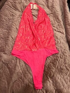 bebe Bright Coral Pink Lace Halter One-Piece Bodysuit